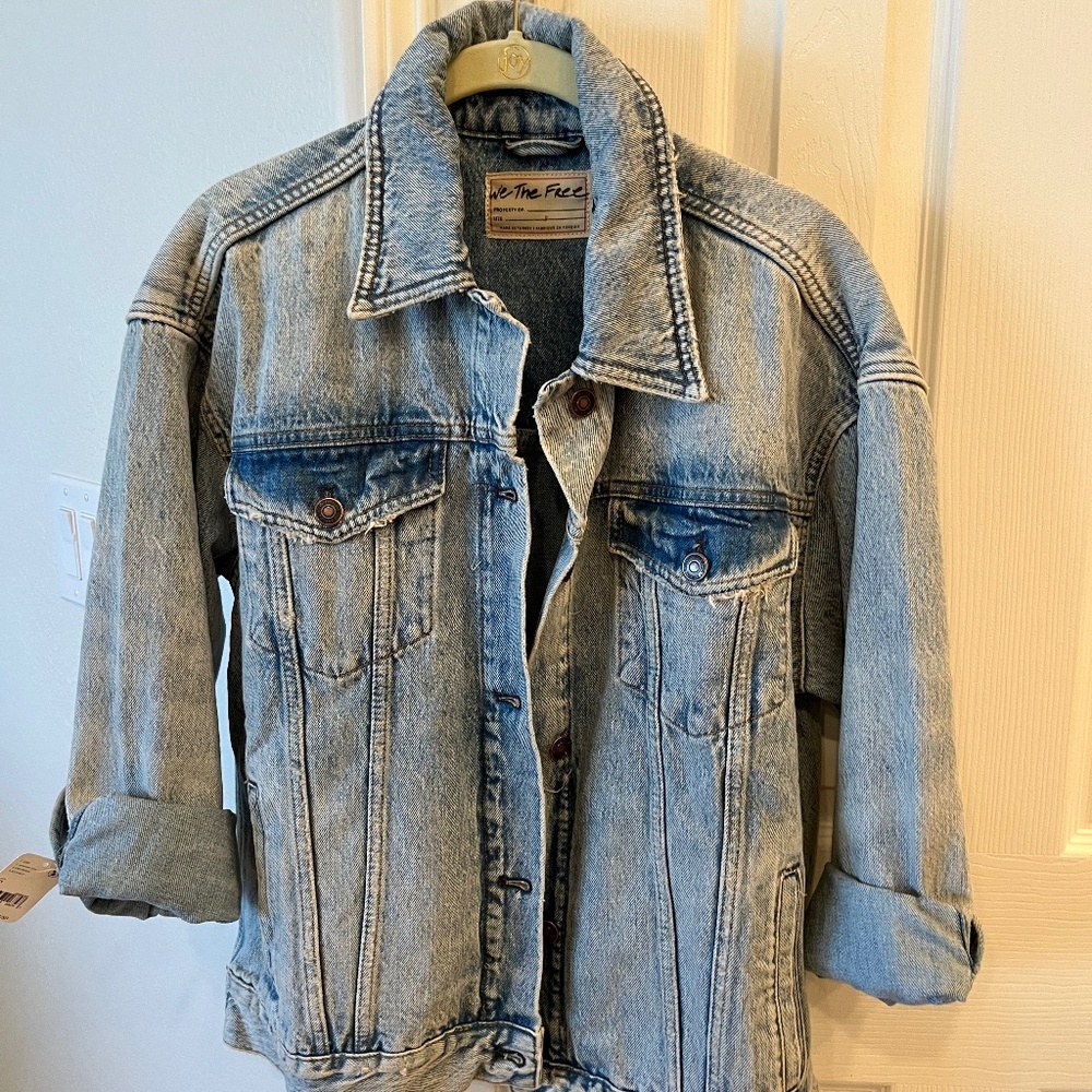 Free People Blue Distressed Denim Jacket
